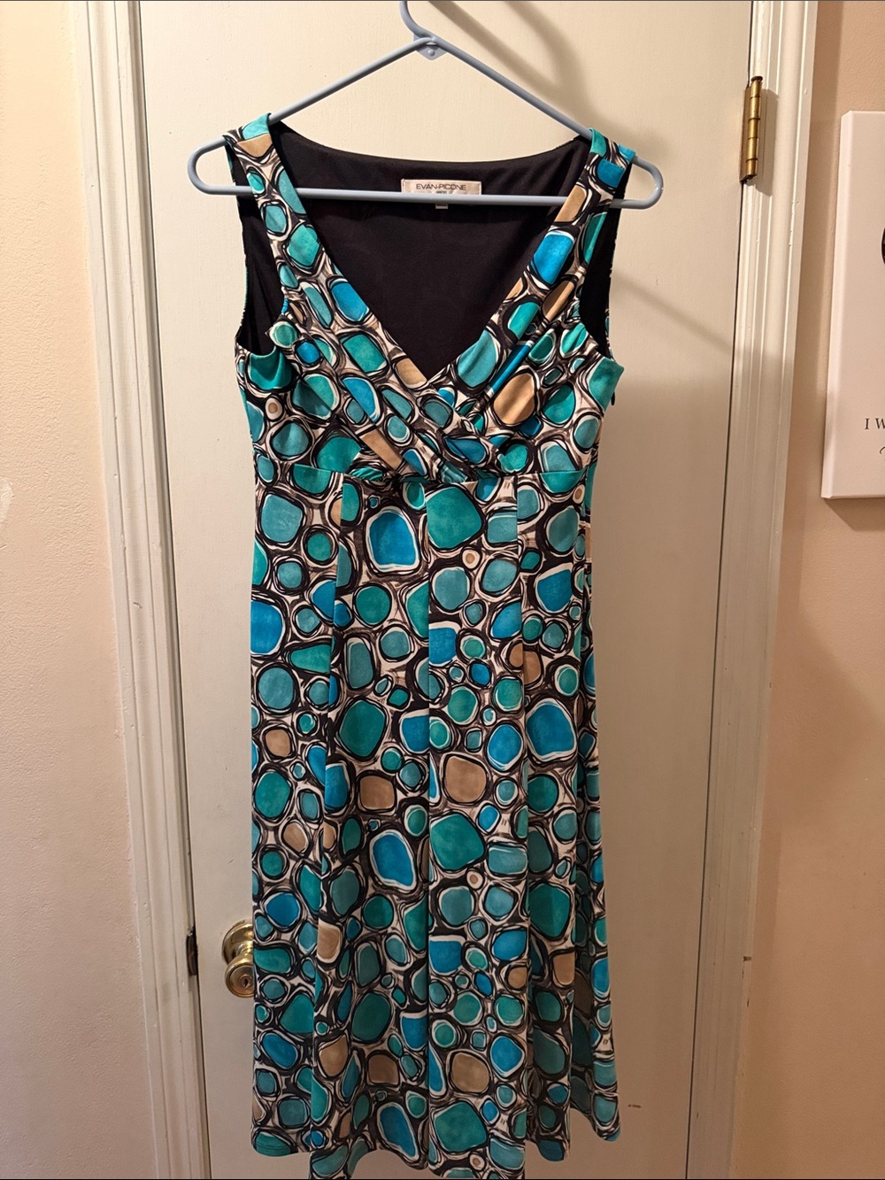 Evan Picone Teal, Blue & Cream Geo Print V-Neck Midi Dress